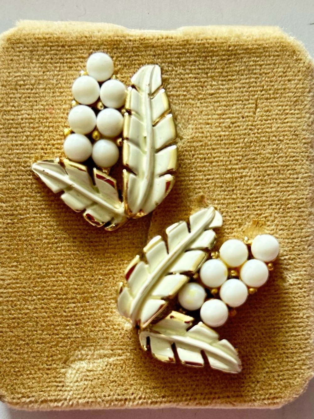 Coro Vintage Gold and White Leaf Cluster Earrings